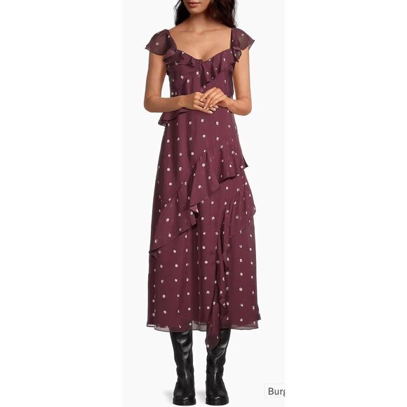 Jason Wu Paint Dot Silk Chiffon Midi-Dress in Burgundy Multi NWT Size 12 - Picture 2 of 11